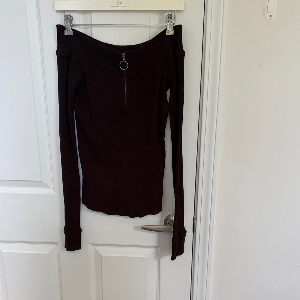 Free People Off-Shoulder Rib Knit Top with Zip Detail - Black